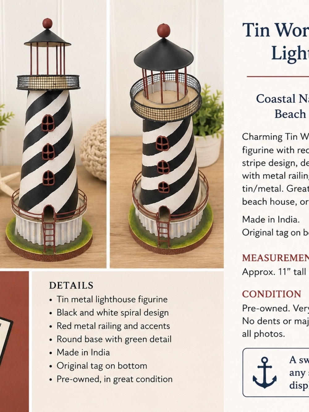 Vintage Tin World Black & White Lighthouse Coastal Decor
